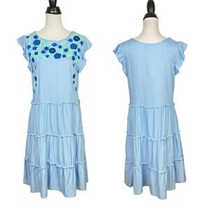 Gaby & Gracie NWT Blue Flower Embroidered Ruffle Sleeve Tiered Midi Shift Dress